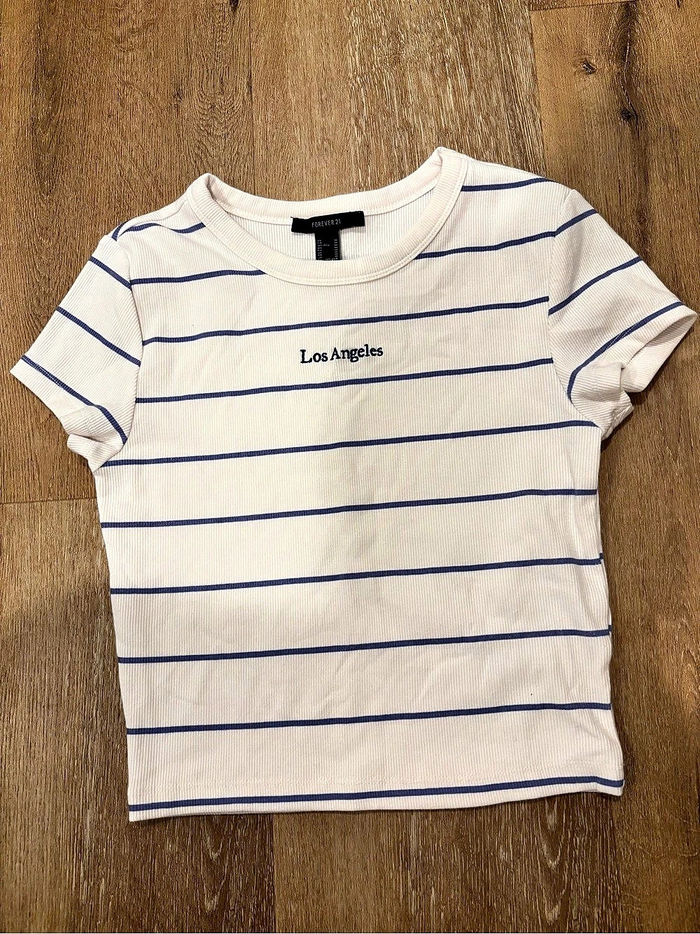 Forever 21 Los Angeles Striped Ribbed Tee White & Blue Small